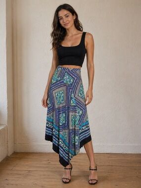 One World Asymmetrical Midi Skirt Size L Festival Boho Geometric Elastic Waist